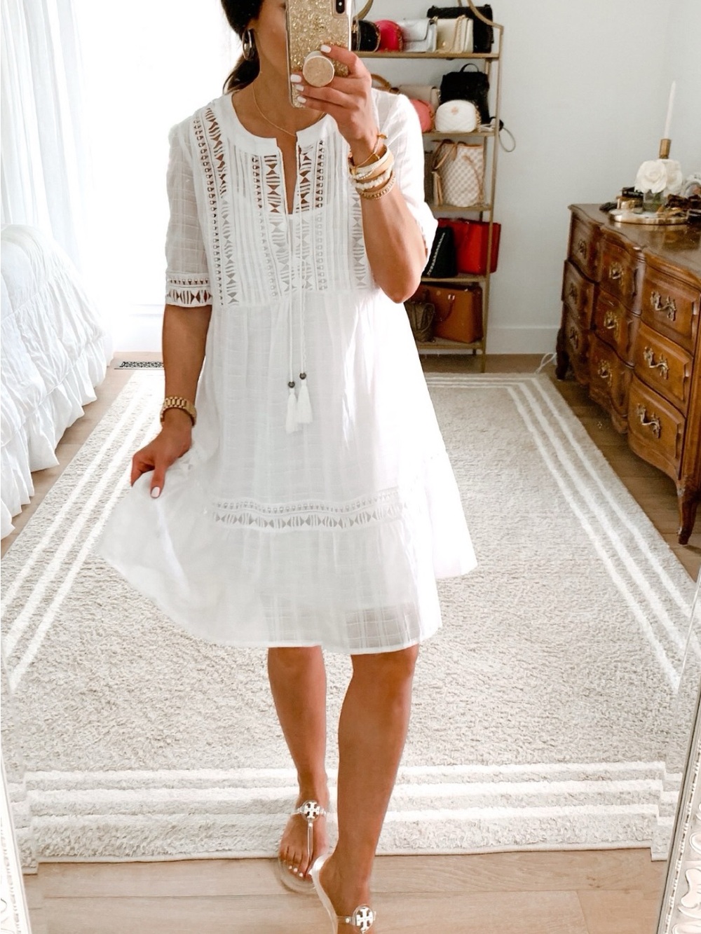 White Lined Boho Lace Tunic Dress with Tassels size Small Knox Rose